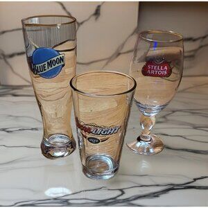 Beer Glass Lot of 3 Coors Jets Stella Blue Moon Barware
